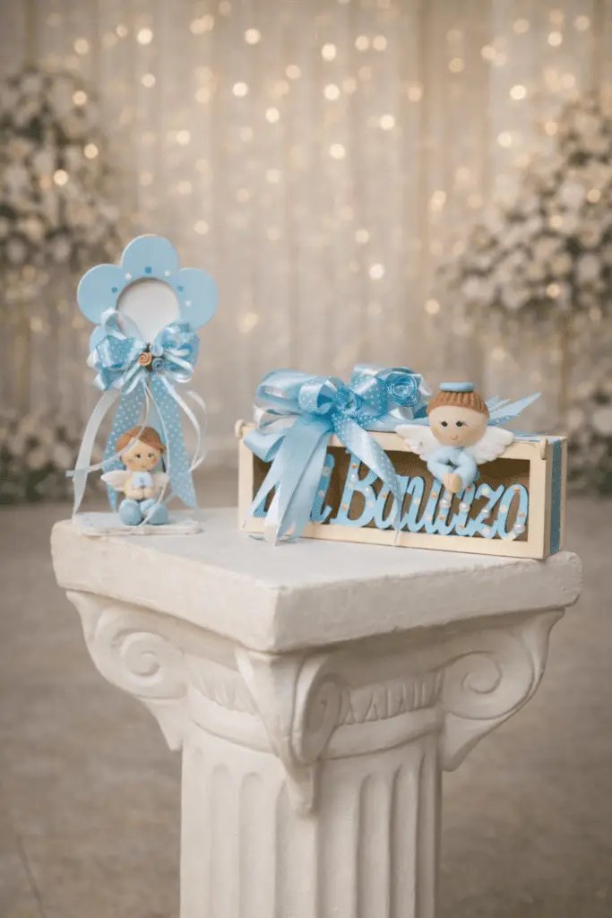 Recuerdos decorativos en tonos azul para bautizo con figuras de ángel y caja personalizada.