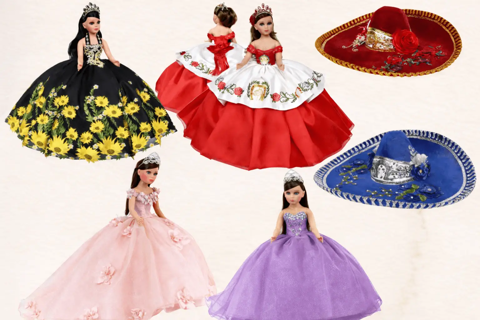 Colección de muñecas vestidas con elegantes vestidos estilo quinceañera en distintos colores y diseños — negro con girasoles, rojo y blanco bordado, rosa claro y lila — acompañadas de sombreros charros decorados en rojo y azul, todo presentado sobre un fondo neutro claro.
