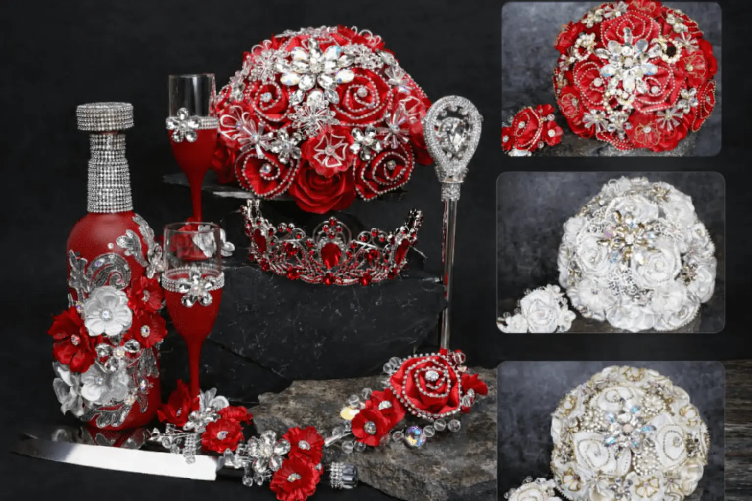Set de accesorios para quinceañera en rojo y plata que incluye ramo con pedrería y cristales, tiara, cetro, botella decorada, copas para brindis y arreglo floral, presentados sobre una base de piedra con fondo oscuro; a un lado se muestran imágenes adicionales de ramos en rojo, blanco y marfil con detalles brillantes.