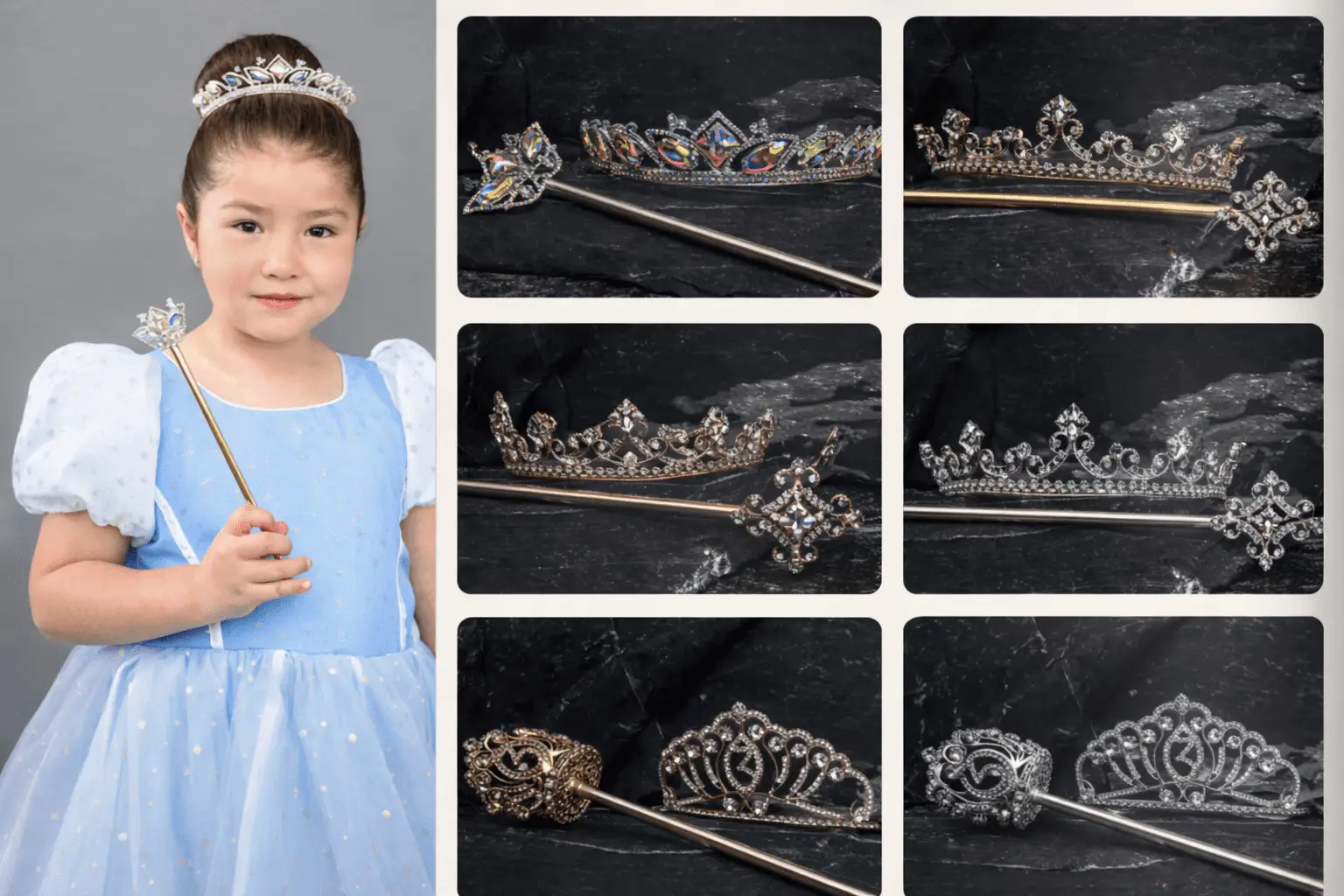Niña pequeña con vestido azul claro sosteniendo un cetro y usando una corona con pedrería, acompañada de varias coronas y cetros de presentación en diferentes diseños metálicos y con cristales, exhibidos sobre un fondo oscuro.
