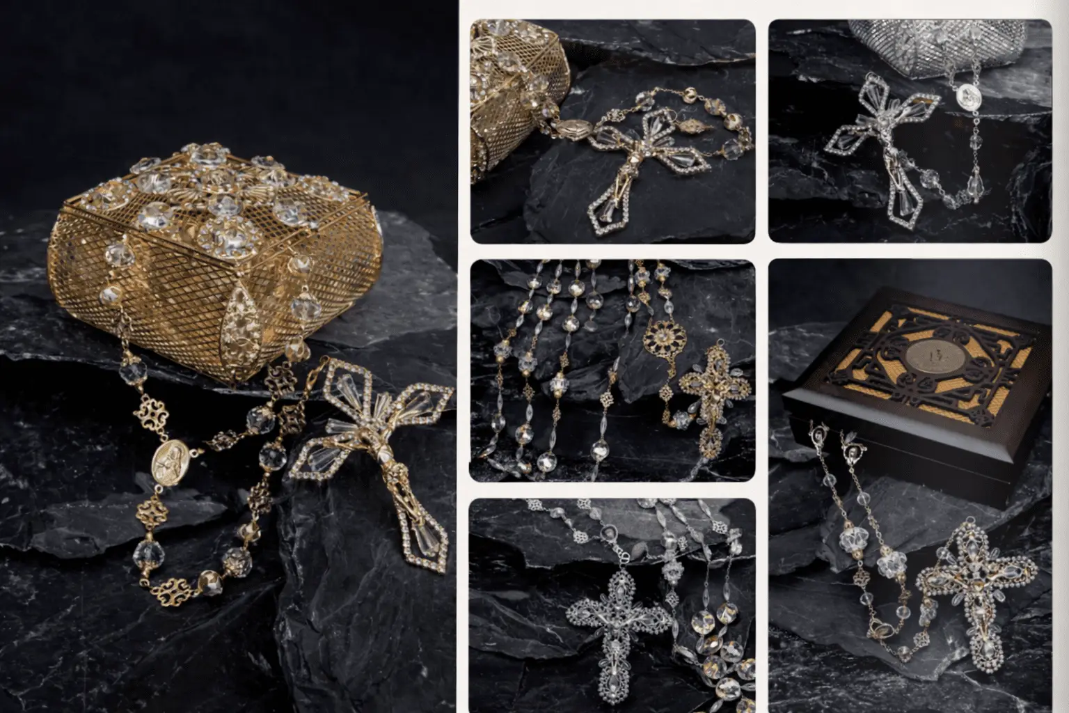 Collage de lazos de unión estilo rosario en tonos oro, plata y oro rosa, con cruces y cuentas de cristal, exhibidos sobre piedras oscuras junto a una caja decorativa metálica y un estuche de madera tallado.